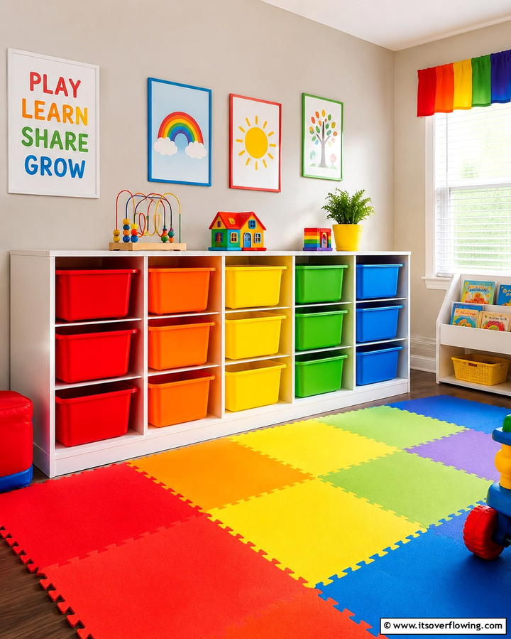 Color Coded Storage Bins - 25 Playroom Storage Ideas to Keep Your Kids’ Space Organized