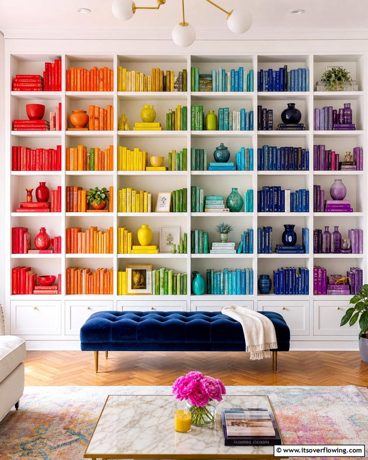 Color Coordinated Arrangements - 30 Creative Bookshelf Decor Ideas for Organized Living Spaces