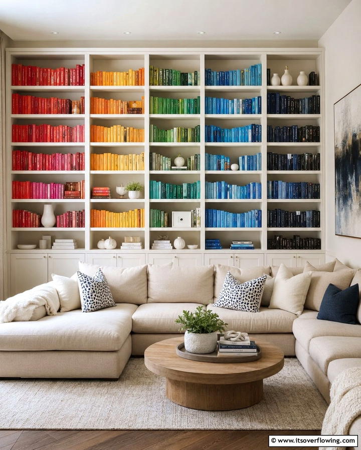 Color Coordinated Shelves for Visual Harmony - 25 Living Room Bookshelf Ideas for Stylish Storage