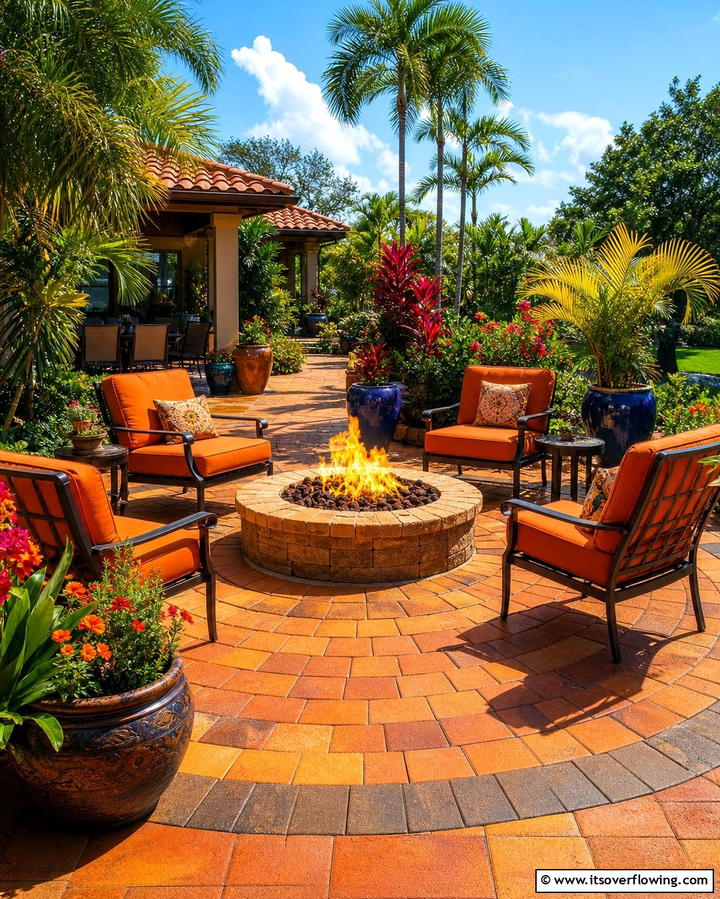Color Enhanced Pavers Around a Central Fire Pit - 25 Concrete Paver Patio Fire Pit Ideas for Cozy Nights