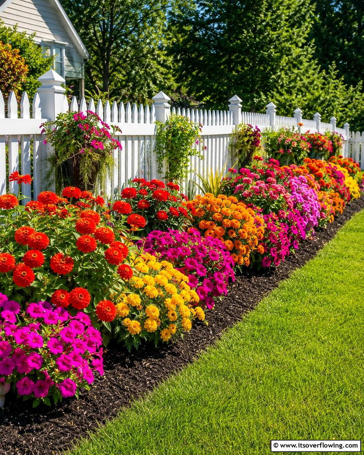 Colorful Annual Highlights - 30 Simple Fence Line Landscaping Ideas for Curb Appeal