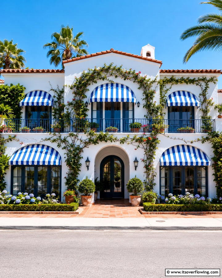 Colorful Awnings for Functional Style - 30 Mediterranean House Exterior Ideas for Coastal Charm