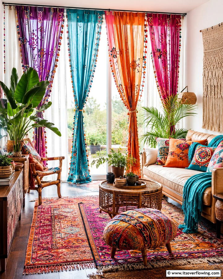 Colorful Boho Curtains - 25 Colorful Boho Living Room Ideas for a Vibrant Space