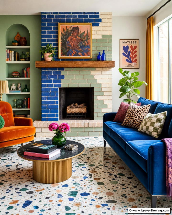 Colorful Brick Accents - 21 Rustic Brick Fireplace Ideas for Warm Living Rooms