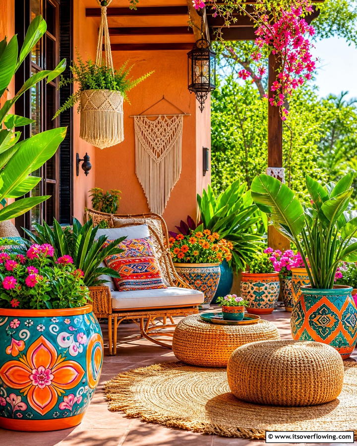 Colorful Ceramic Planters - 25 Cozy Boho Patio Ideas for Relaxing Outdoor Spaces