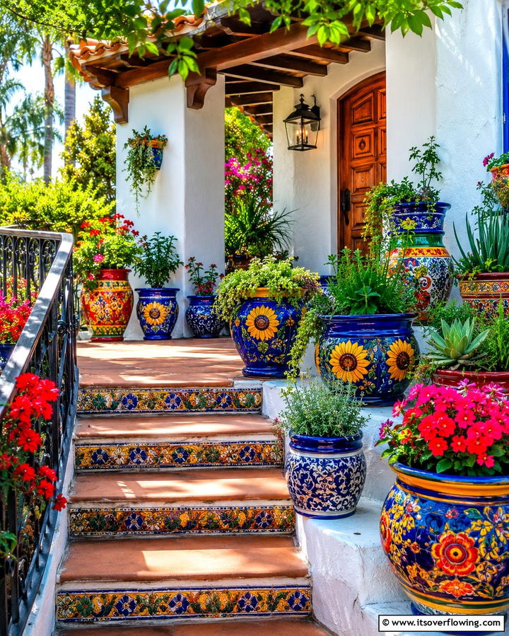 Colorful Ceramic Pots - 30 Spanish Style Front Porch Ideas for Mediterranean Charm