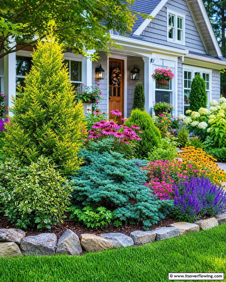 Colorful Evergreen Accents - 30 Front Yard Evergreen Landscaping Ideas for Year-Round Beauty
