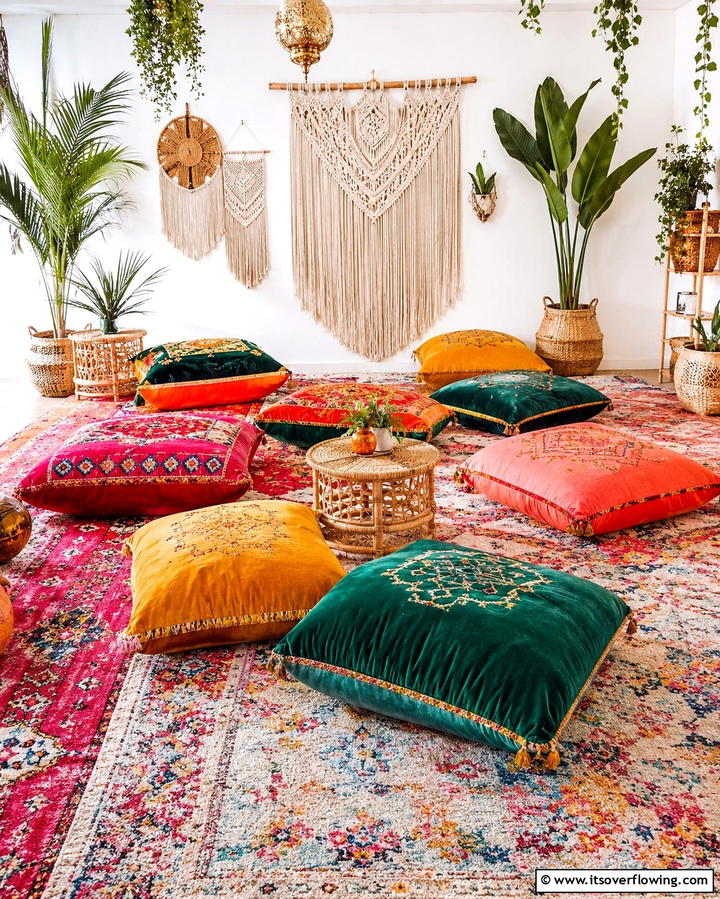 Colorful Floor Cushions - 25 Vibrant Colorful Boho Decor Ideas for Your Space