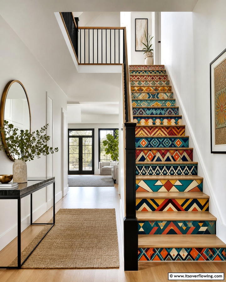 Colorful Geometric Patterns - 25 Stair Riser Ideas to Enhance Your Home’s Interior