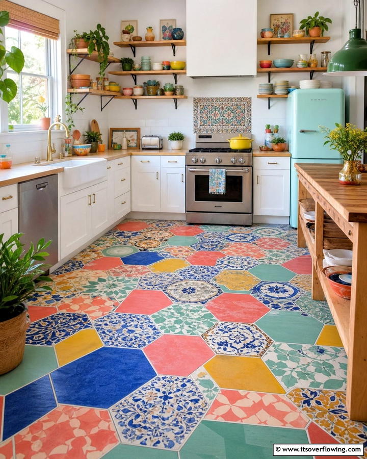 Colorful Mix and Match Flair - 21 Kitchen Floor Tile Ideas- Durable & Stylish Options