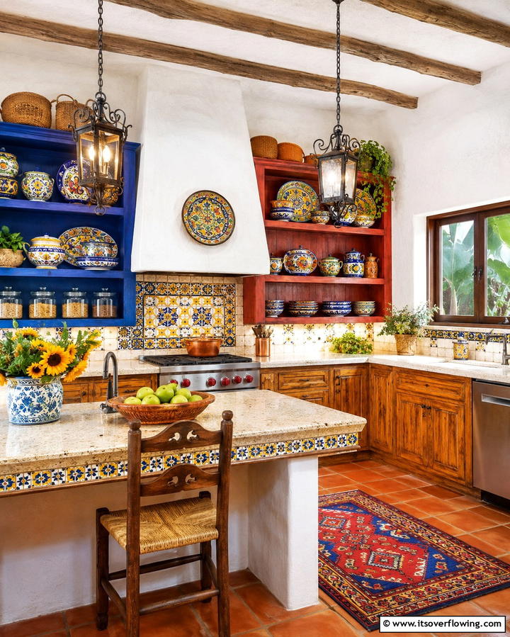 Colorful Open Shelving - 30 Spanish Style Kitchen Ideas for Old-World Elegance
