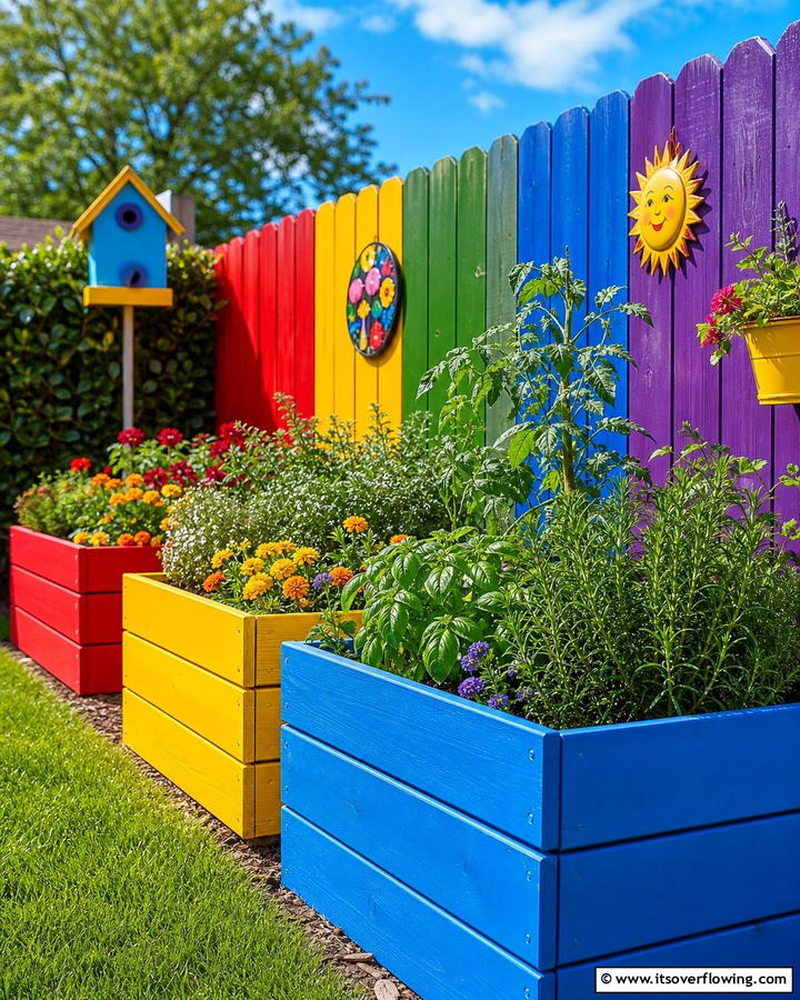 Colorful Painted Beds - 20 Raised Garden Bed Along Fence Ideas for Your Yard