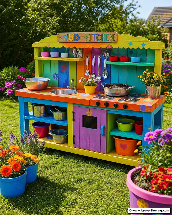 Colorful Painted Mud Kitchen - 20 Mud Kitchen Ideas for Outdoor Fun with Kids