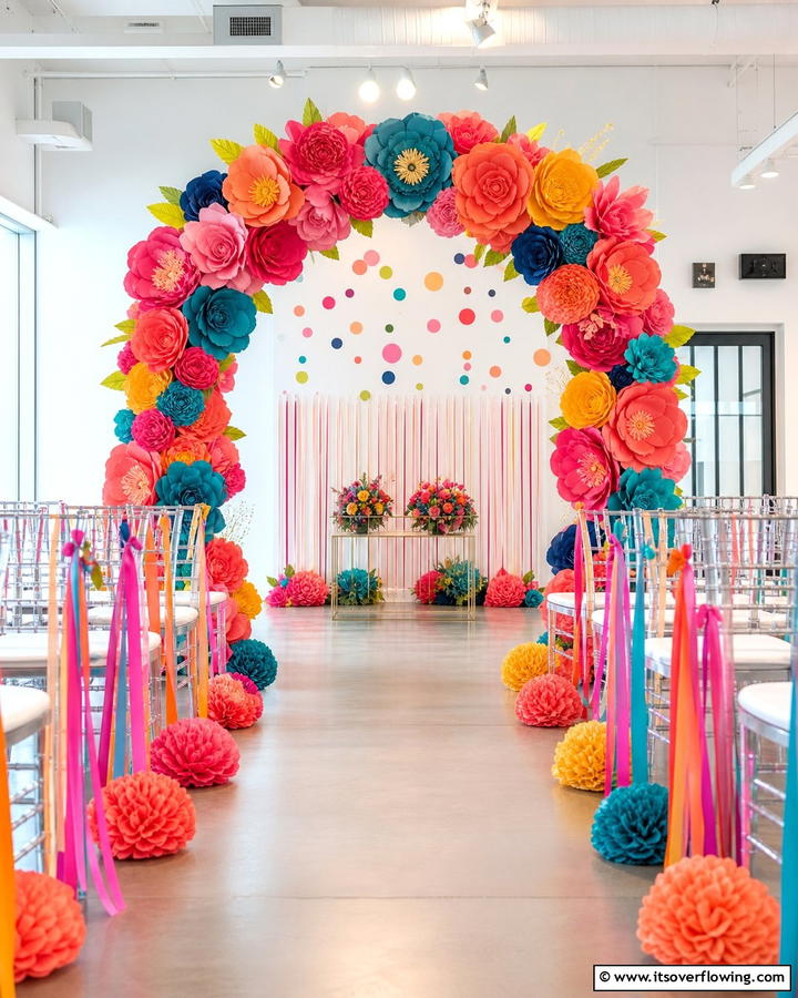 Colorful Paper Flower Arch - 21 Beautiful Wedding Arch Ideas for Ceremony Backdrops