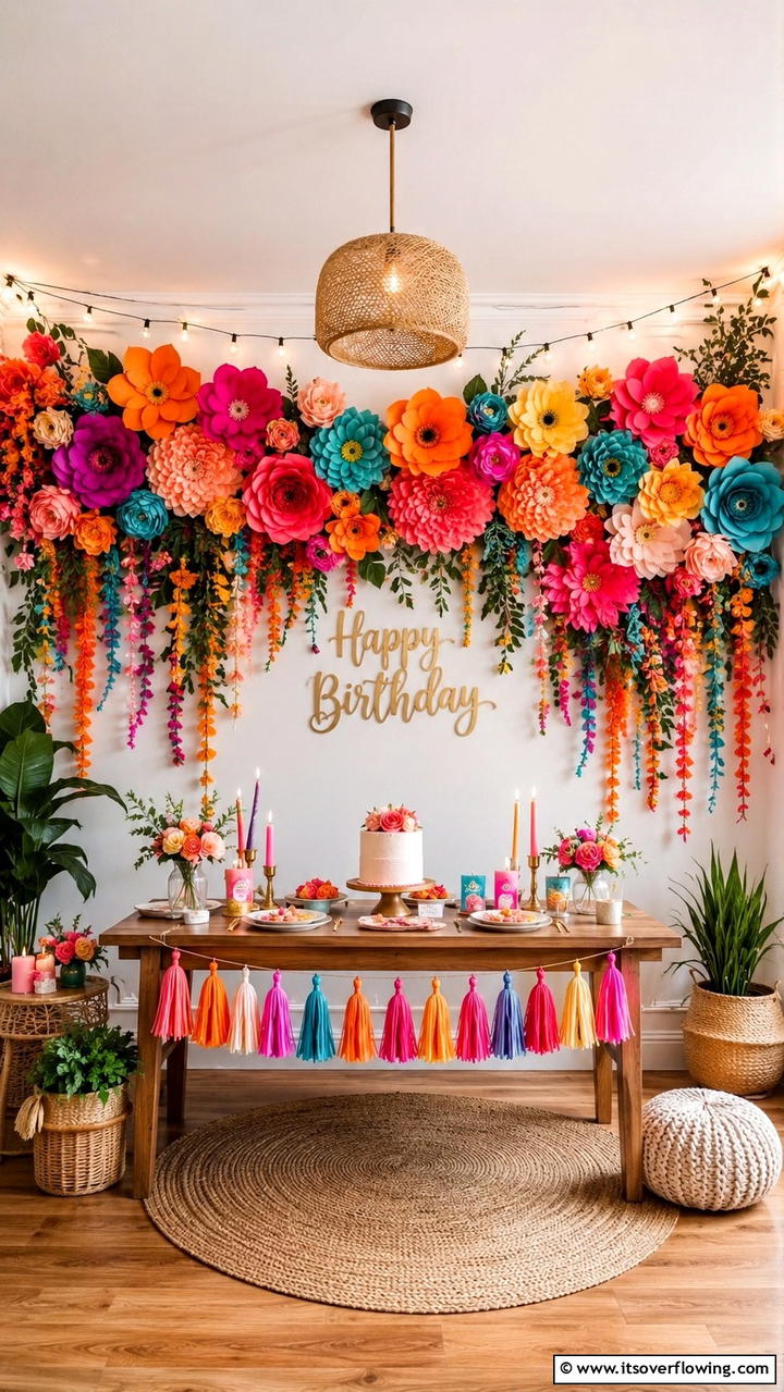 Colorful Paper Flower Garland - 30 Birthday Decoration Ideas for Memorable Celebrations