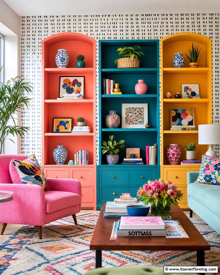 Colorful Patterned Shelf Arrangement - 21 Shelf Decor Ideas to Organize and Elevate Your Spaces