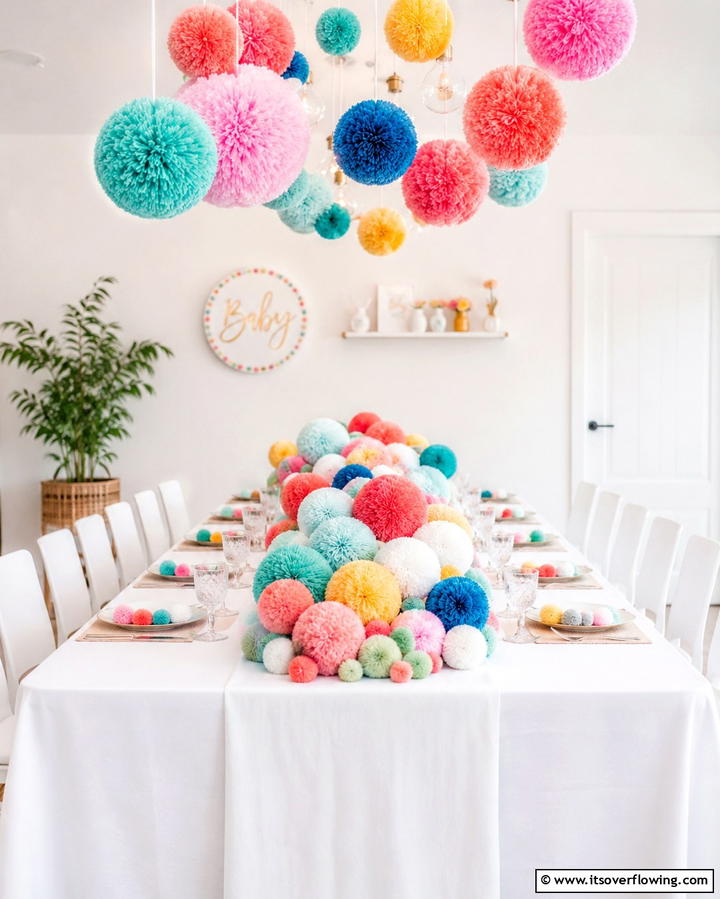 Colorful Pom Pom Centerpiece - 30 Baby Shower Centerpiece Ideas for Adorable Themes
