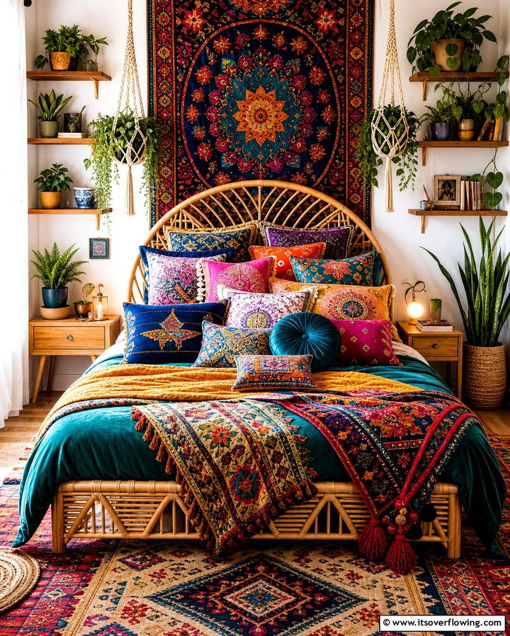 Colorful Throw Pillows and Cushions - 25 Colorful Boho Bedroom Ideas for a Cozy Retreat