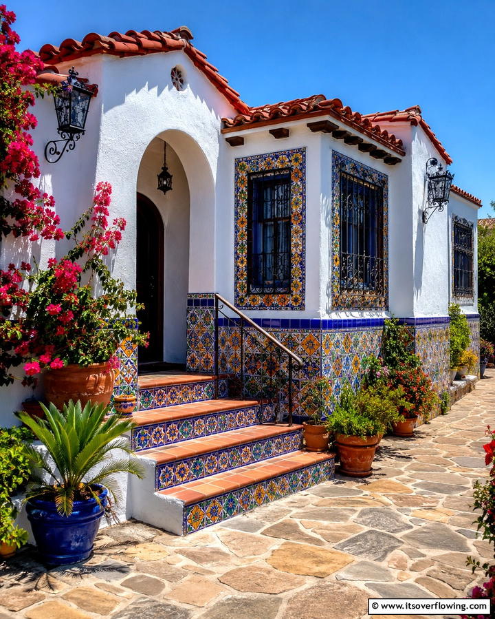 Colorful Tile Accents - 30 Spanish Bungalow Exterior Ideas for Mediterranean Charm