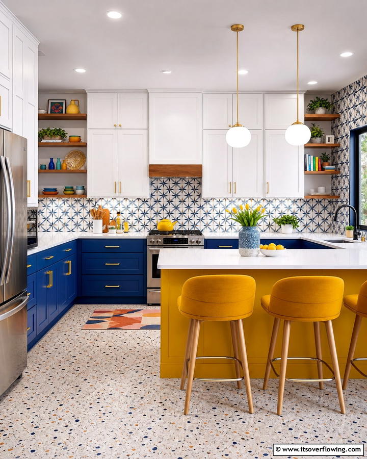 Colorful U Shaped Kitchen with Bold Accents - 30 U-Shaped Kitchen Ideas for Optimal Layout and Storage