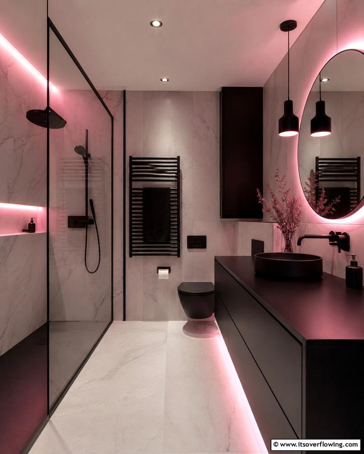 Combine Pink Lighting with Black Fixtures - 25 Pink and Black Bathroom Ideas for a Bold and Chic Look