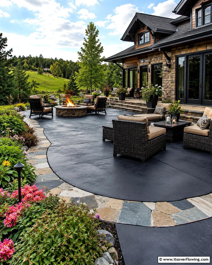 Combining Black Concrete with Natural Stone Accents - 25 Black Concrete Patio Ideas for Modern Outdoor Spaces
