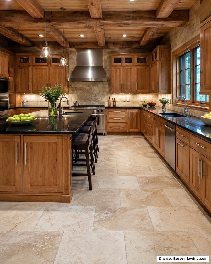 Combining Black Granite with Wooden Cabinets - 30 Sleek Black Granite Countertop Kitchen Designs for Luxury