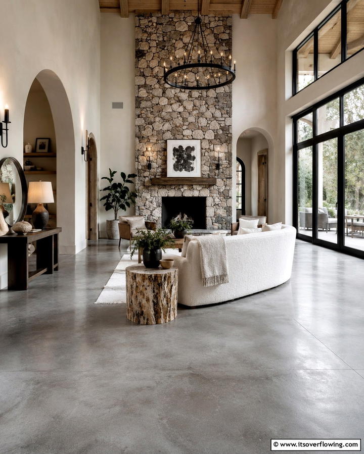Combining Concrete Floors with Stone Accents - 25 Rustic Concrete Floor Living Room Ideas for Style