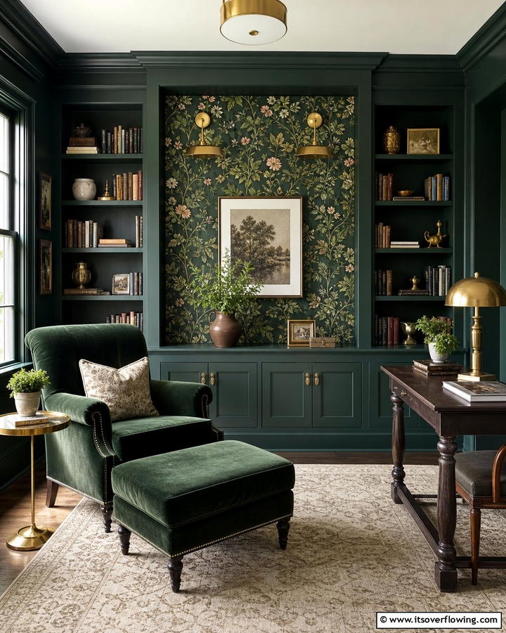 Combining Dark Green Walls with Patterned Wallpaper - 20 Dark Green Home Library Ideas and Inspiration