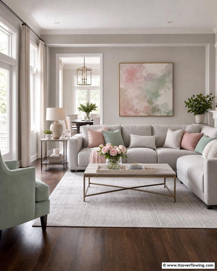 Combining Grey with Pastel Hues - 30 Grey Living Room & Dark Wood Floor Design Combinations