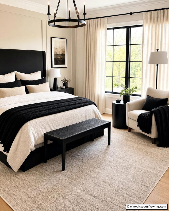 Comfortable Corners for Relaxation - 21 Cream & Black Bedroom Ideas- Sophisticated Contrast