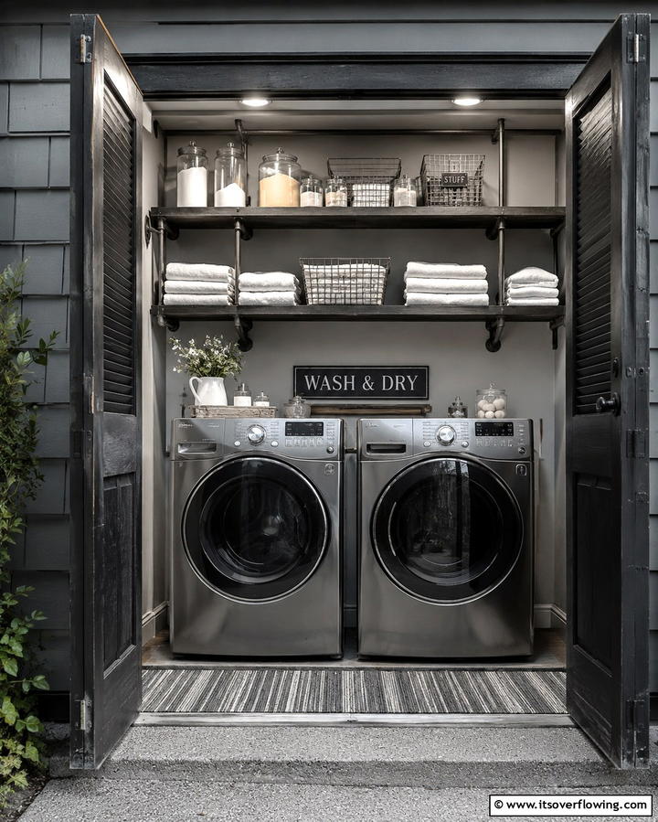 Compact Appliance Shelving - 25 Outdoor Laundry Area Design Ideas for Convenience
