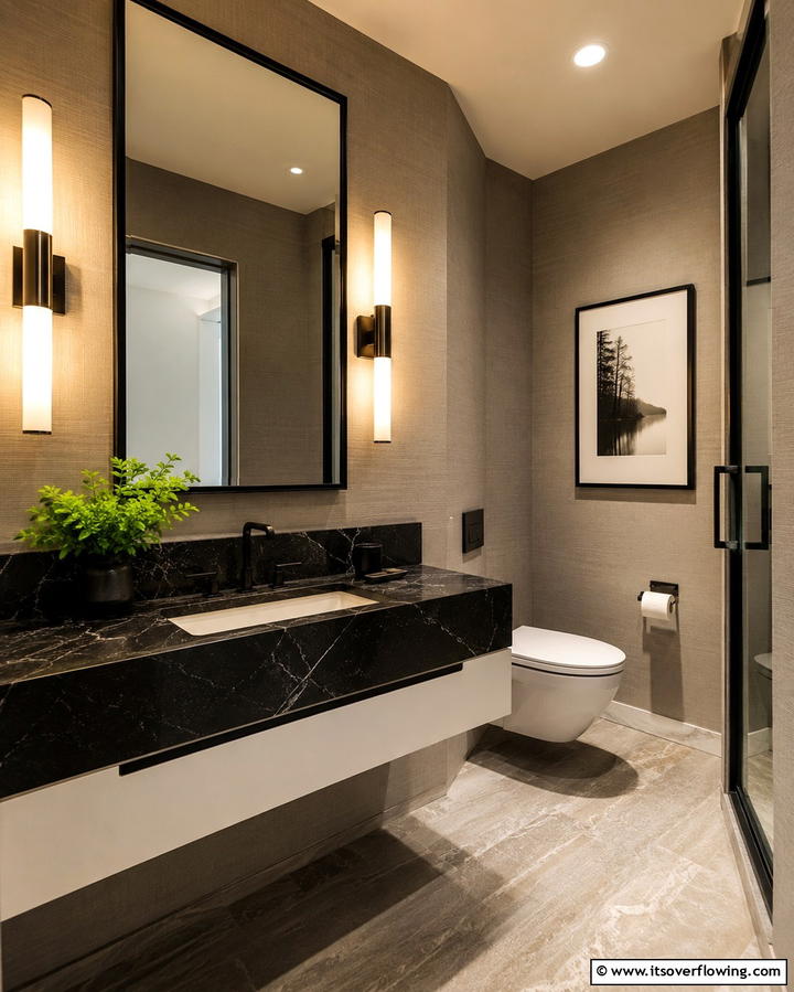 Compact Bathrooms with Black Countertops - 30 Bathrooms with Black Countertops for Modern Elegance