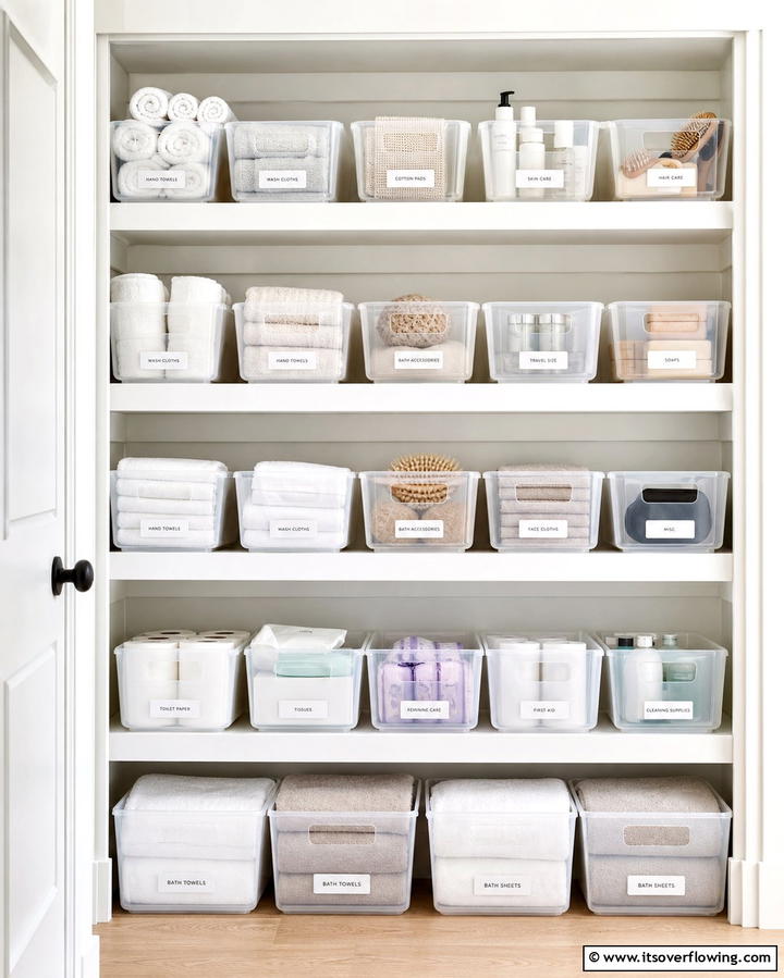 Compact Bins for Small Items - 30 Linen Closet Organization Ideas for Maximized Storage
