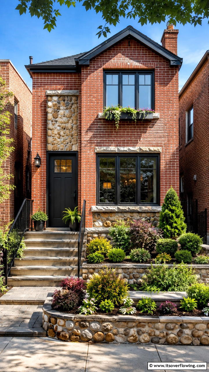 Compact Brick House with Creative Stone Installations - 30 Brick Houses With Stone Accents- Exterior Design Inspiration