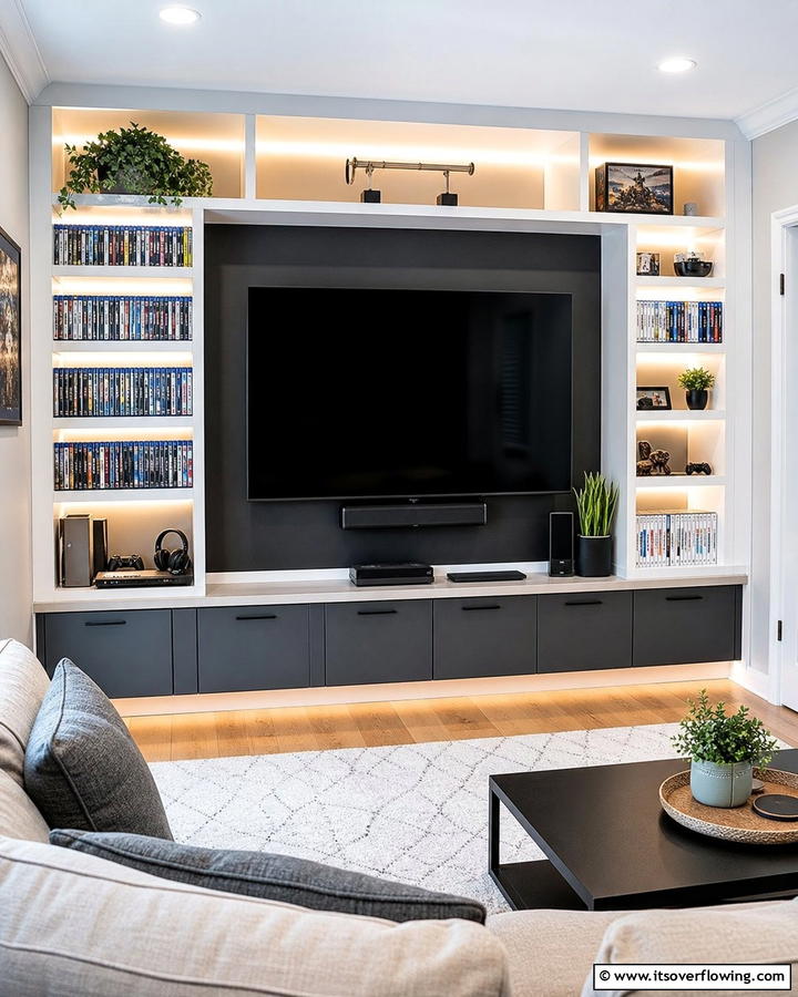 Compact Built In Shelves for Storage - 20 Small Media Room Ideas for Cozy Entertainment