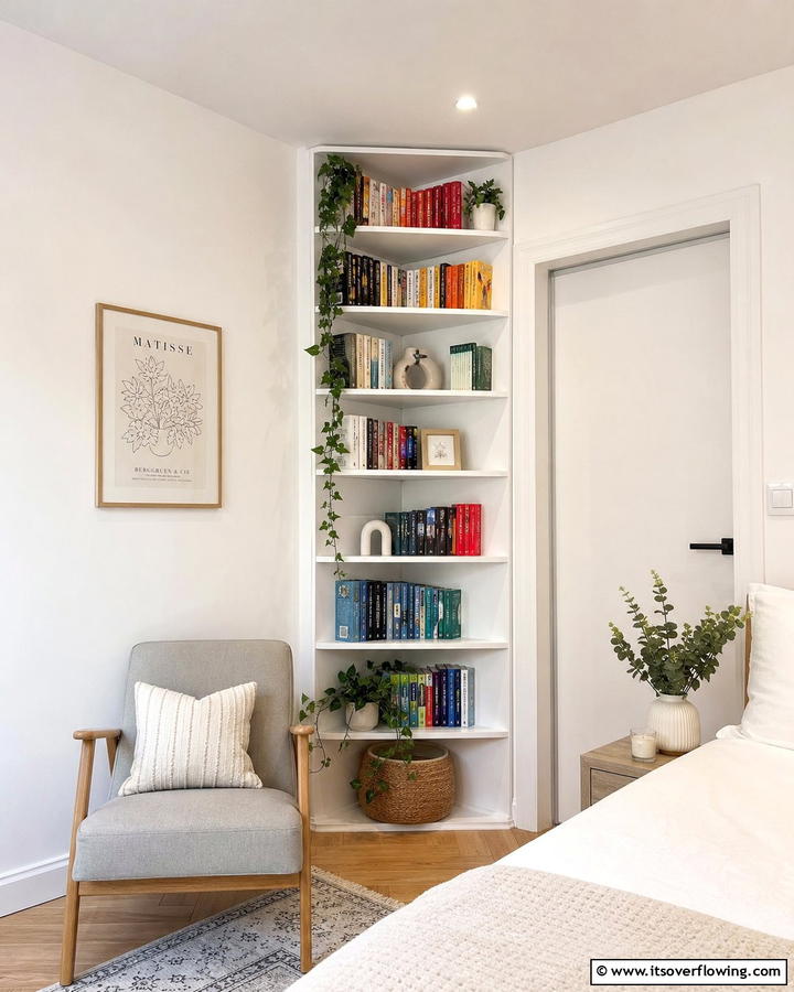 Compact Corner Bookshelf - 20 Bedroom Corner Ideas to Maximize Your Space