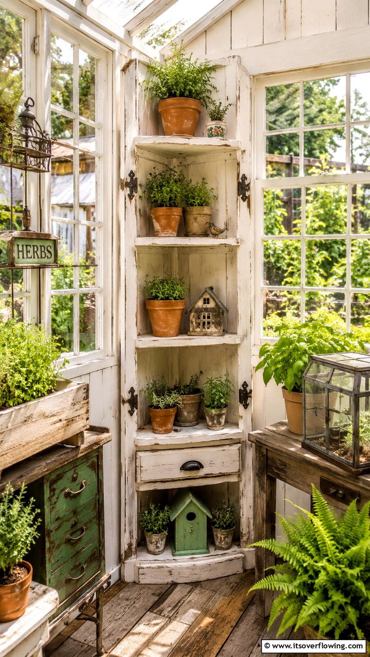 Compact Corner Farmhouse Shelves - 30 Greenhouse Shelving Ideas- Organized Plant Storage