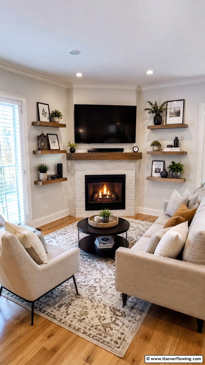 Compact Corner Setup - 21 Stylish TV Over Fireplace Ideas for Modern Living Rooms