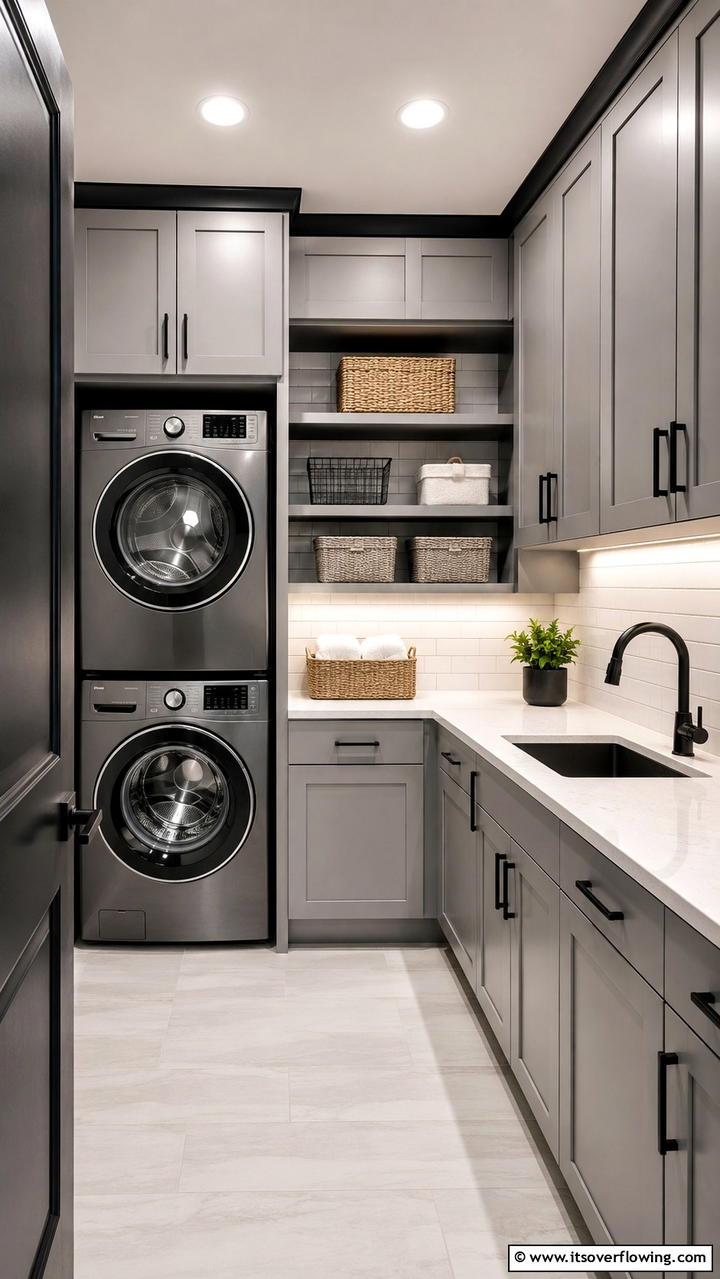 Compact Laundry Room Efficiency - 30 Grey House With Black Trim Ideas- Bold Exterior Designs