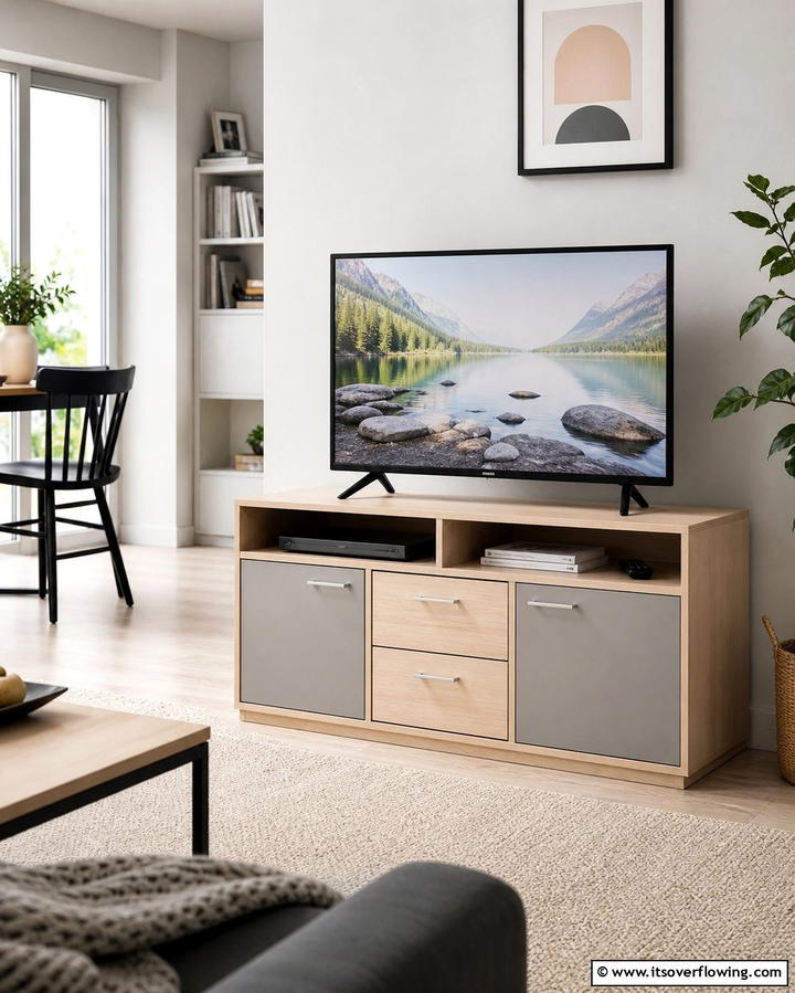 Compact TV Stand with Built In Storage - 25 Small Living Room Ideas With TV for Cozy Nights