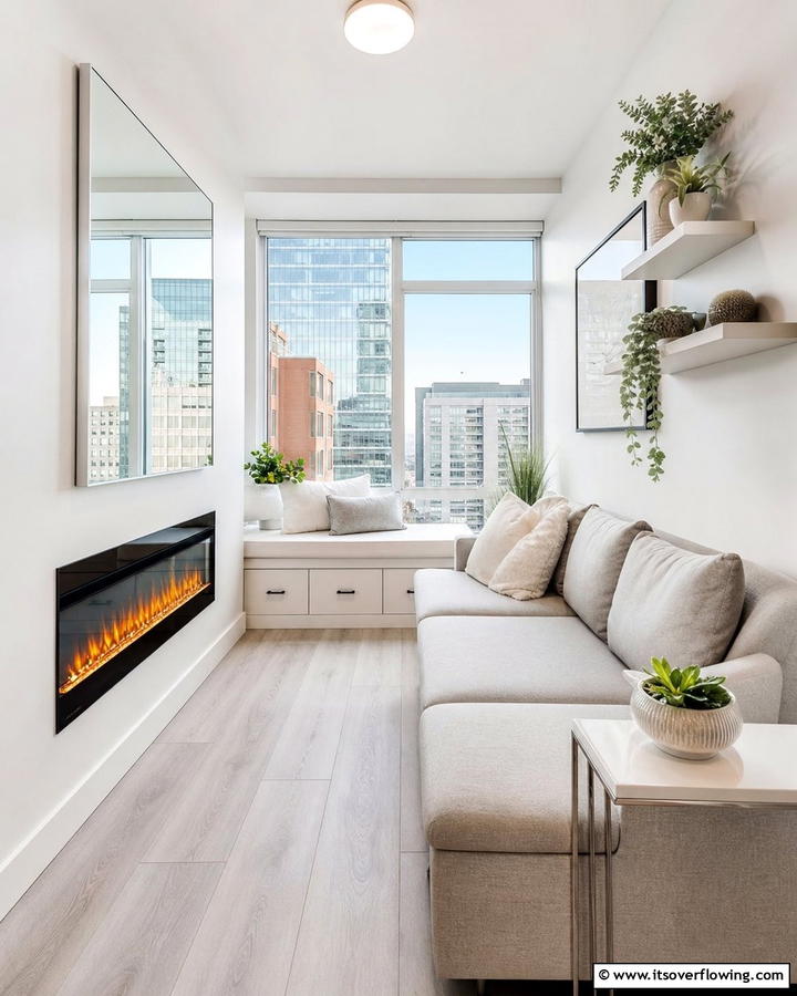 Compact Urban Sunroom with Space Saving Fireplace - 30 Sunroom With Fireplace Ideas for Year-Round Comfort