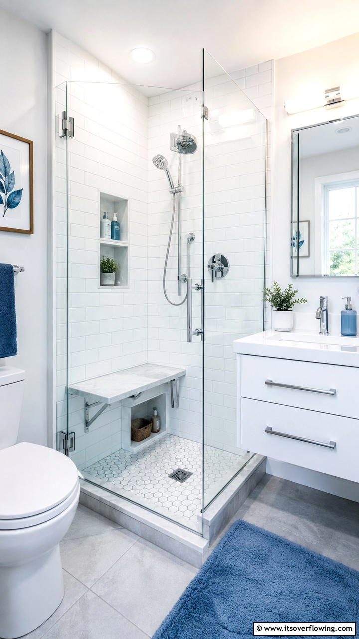 Compact Walk In Shower with Space Saving Bench - 21 Walk-In Shower Ideas With Bench for Spa-Like Comfort