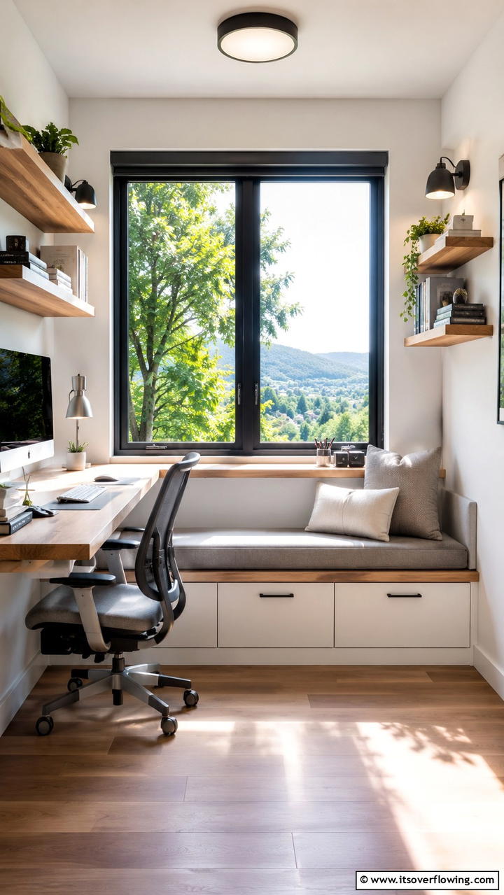 Compact Workspace Window Bench - 21 Cozy Window Seat Ideas for Reading Nooks and Storage
