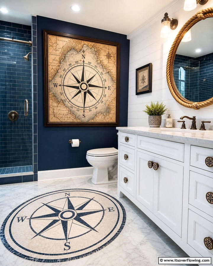Compass Themed Details - 20 Nautical Bathroom Ideas for a Coastal Vibe