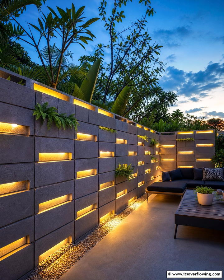 Concrete Block Fence with Built In Lighting - 20 Concrete Block Fence Ideas for a Sturdy and Stylish Barrier