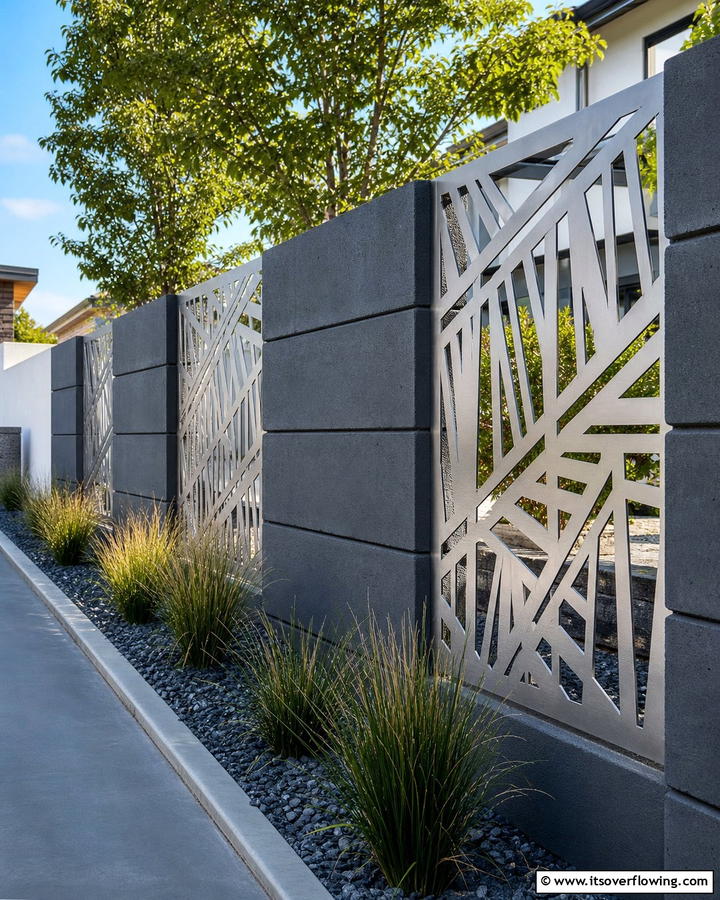 Concrete Block Fence with Metal Inserts - 20 Concrete Block Fence Ideas for a Sturdy and Stylish Barrier
