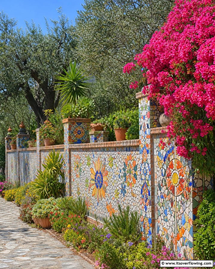 Concrete Block Fence with Mosaic Art - 20 Concrete Block Fence Ideas for a Sturdy and Stylish Barrier