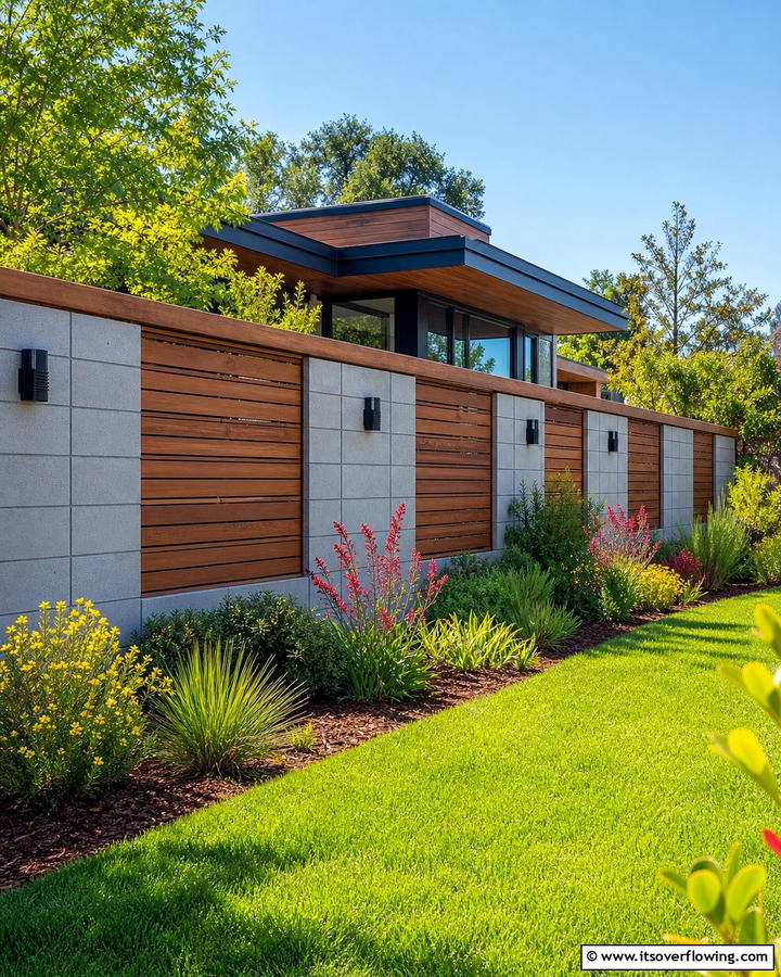 Concrete Block Fence with Wooden Accents - 20 Concrete Block Fence Ideas for a Sturdy and Stylish Barrier