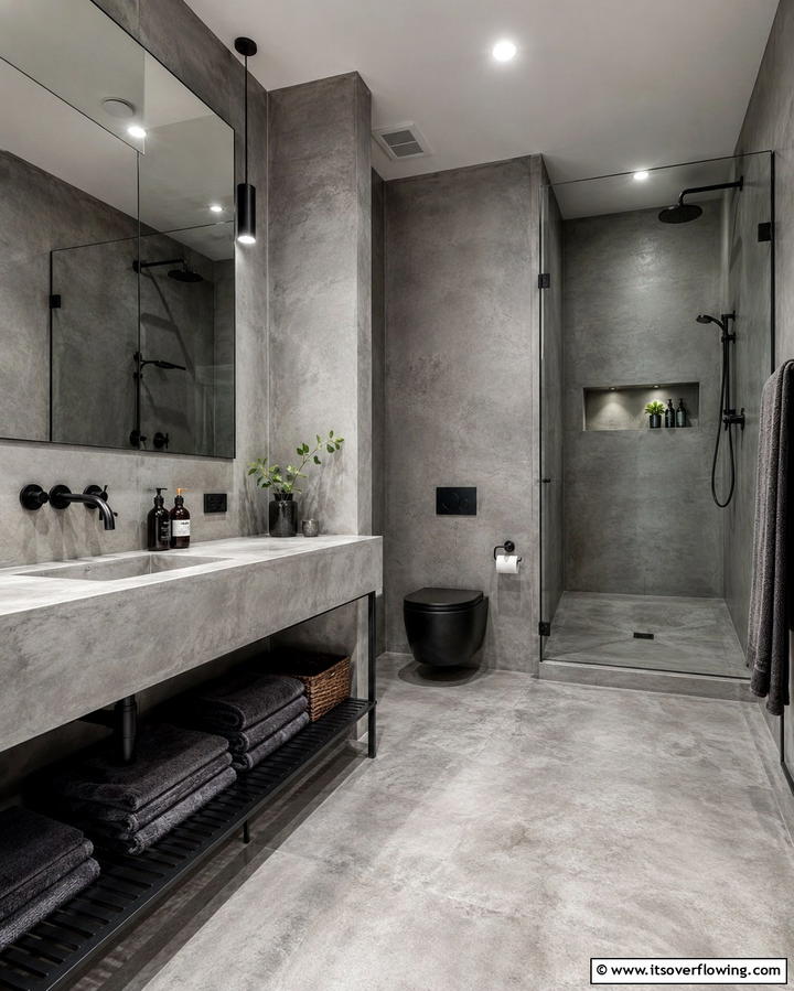 Concrete Finishes - 25 Black and Grey Bathroom Ideas for a Sleek Design